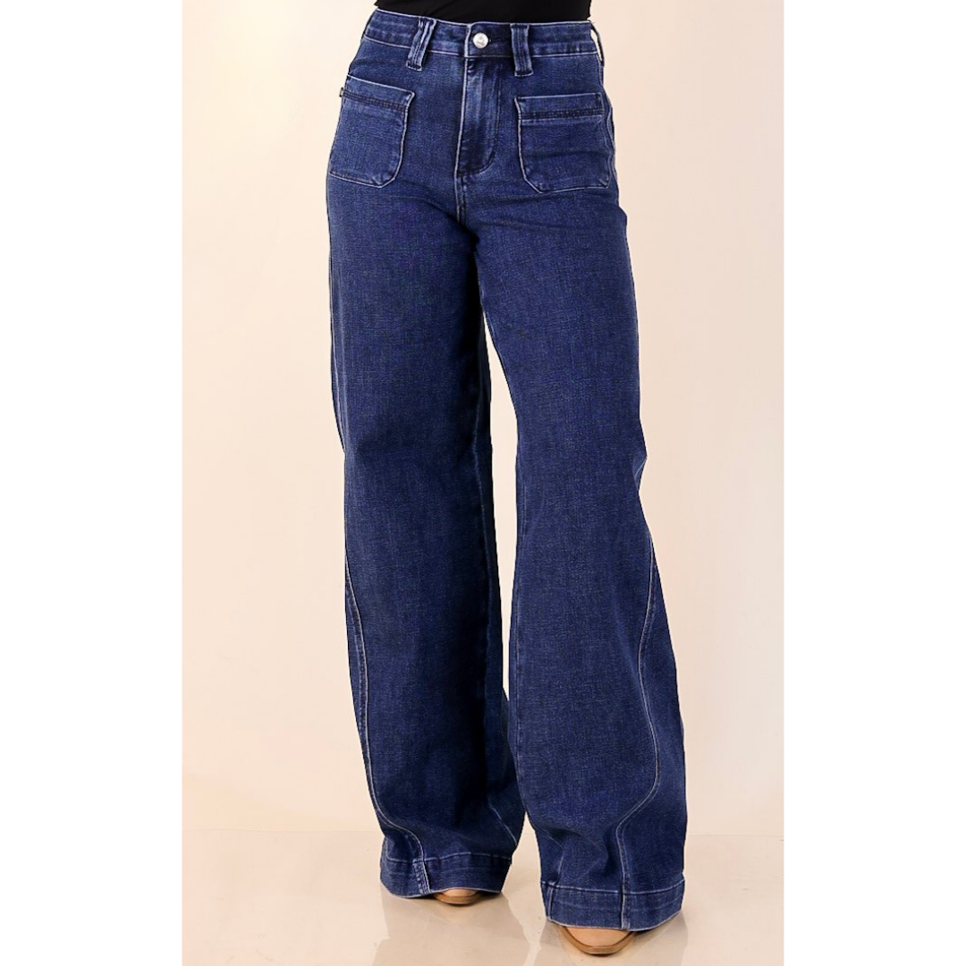 Judy Blue | Front and Center Front Patch Pocket Retro Wide Leg Trouser Jean in Dark Wash