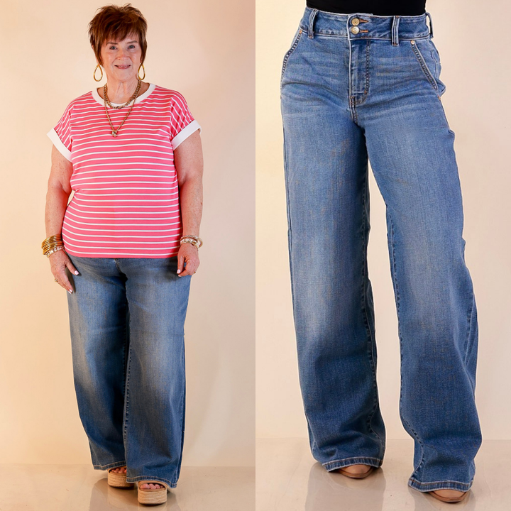 Judy Blue | Go With Everything Double Button Fly Wide Leg Column Trouser Jean in Medium Wash