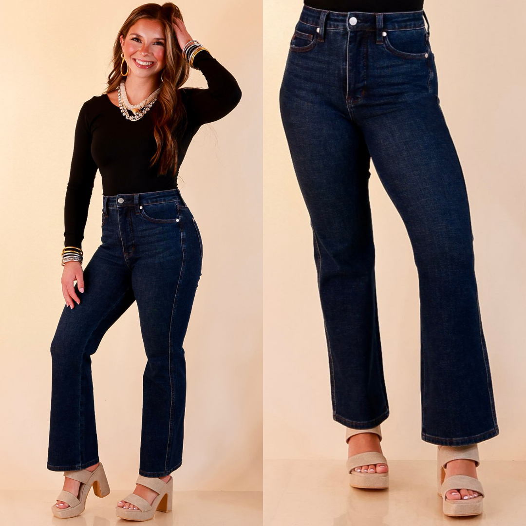 Judy Blue | Kick it Classic Tummy Control Cropped Kick Flare Jean in Dark Rustic Indigo Wash