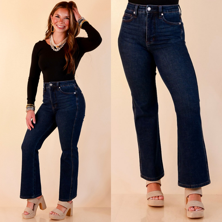 Judy Blue | Kick it Classic Tummy Control Cropped Kick Flare Jean in Dark Rustic Indigo Wash