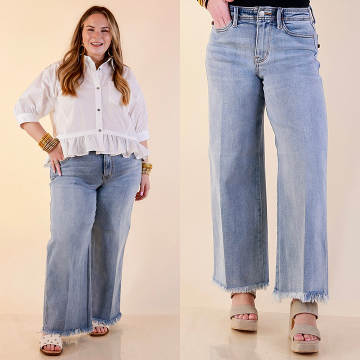 Judy Blue | Lighten the Mood Release Hem Cropped Wide Leg Jeans in Light Wash