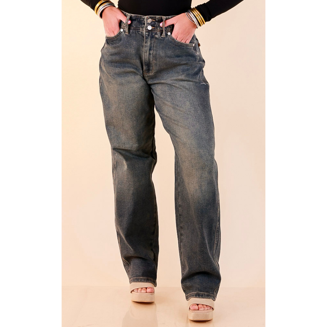 Judy Blue | Never Miss Marlow Arc Relaxed Wide Leg Barrel Jeans with Hollywood Waistband and Double Buttons in Vintage Dark Wash