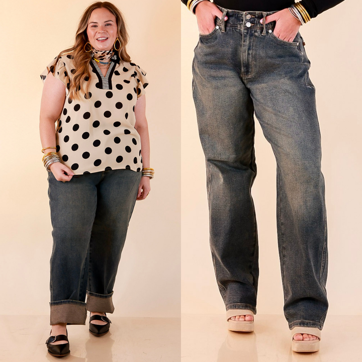 Judy Blue | Never Miss Marlow Arc Relaxed Wide Leg Barrel Jeans with Hollywood Waistband and Double Buttons in Vintage Dark Wash