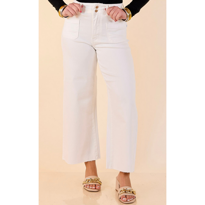 Judy Blue | No Second Guessing Cropped Wide Leg with Front Patch Pocket Jean in Ivory