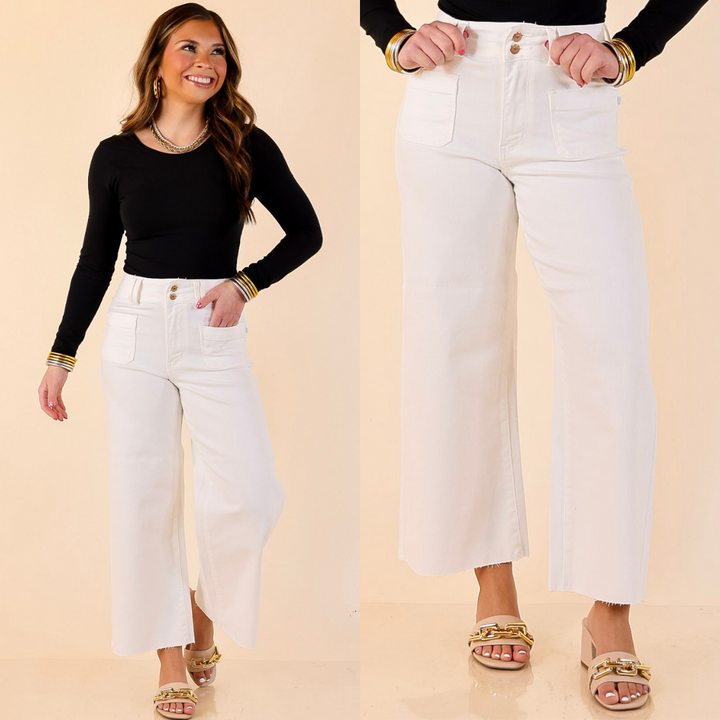 Judy Blue | No Second Guessing Cropped Wide Leg with Front Patch Pocket Jean in Ivory