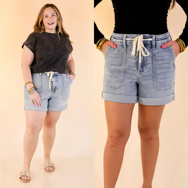Stone wash denim shorts, featuring frayed hems and stitched-over distressing for a cool, worn-in look—without showing too much. Sizes Small through Plus sizes.