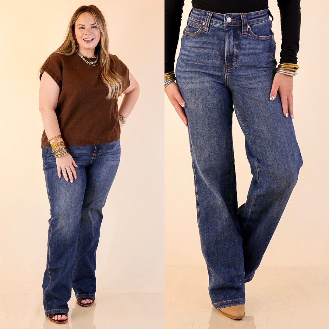 Model is wearing Tummy Control Straight Leg Jean in Medium Wash on a beige background