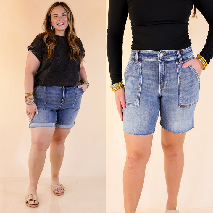 With front patch pockets and flap pockets in the back, these Bermuda shorts are all about sweet style and everyday function. Flattering, comfy, and full of southern charm.  Available in Small through Plus sizes.
