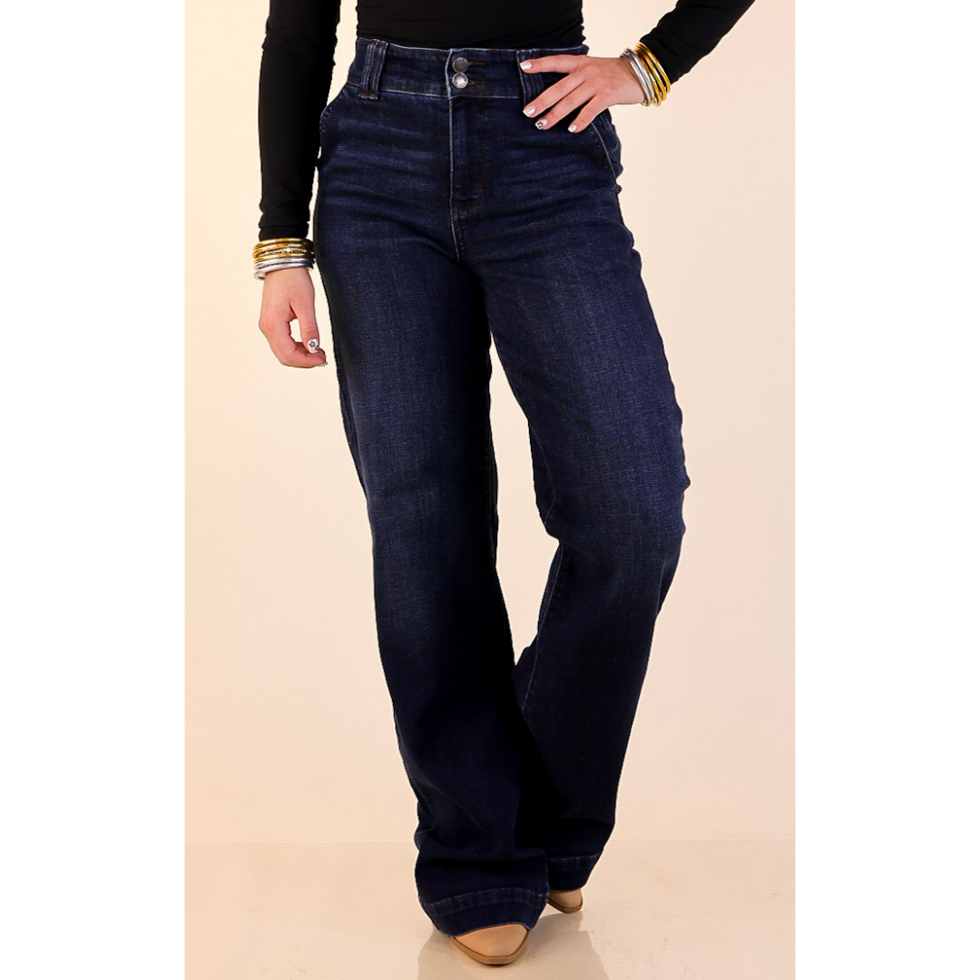 Judy Blue | Set the Standard Double Button Fly Wide Leg Trouser Jean in Dark Wash