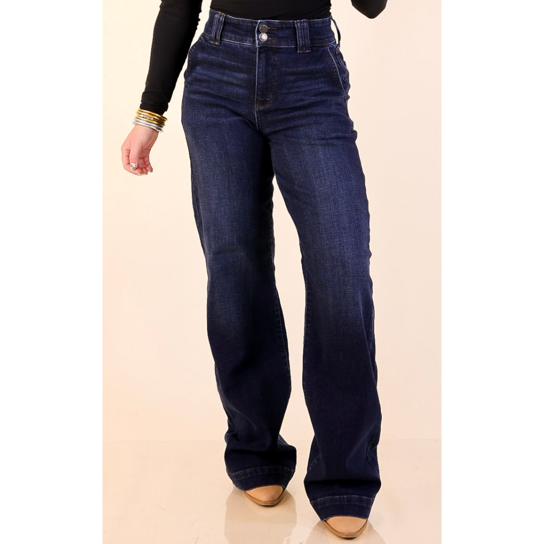 Judy Blue | Set the Standard Double Button Fly Wide Leg Trouser Jean in Dark Wash