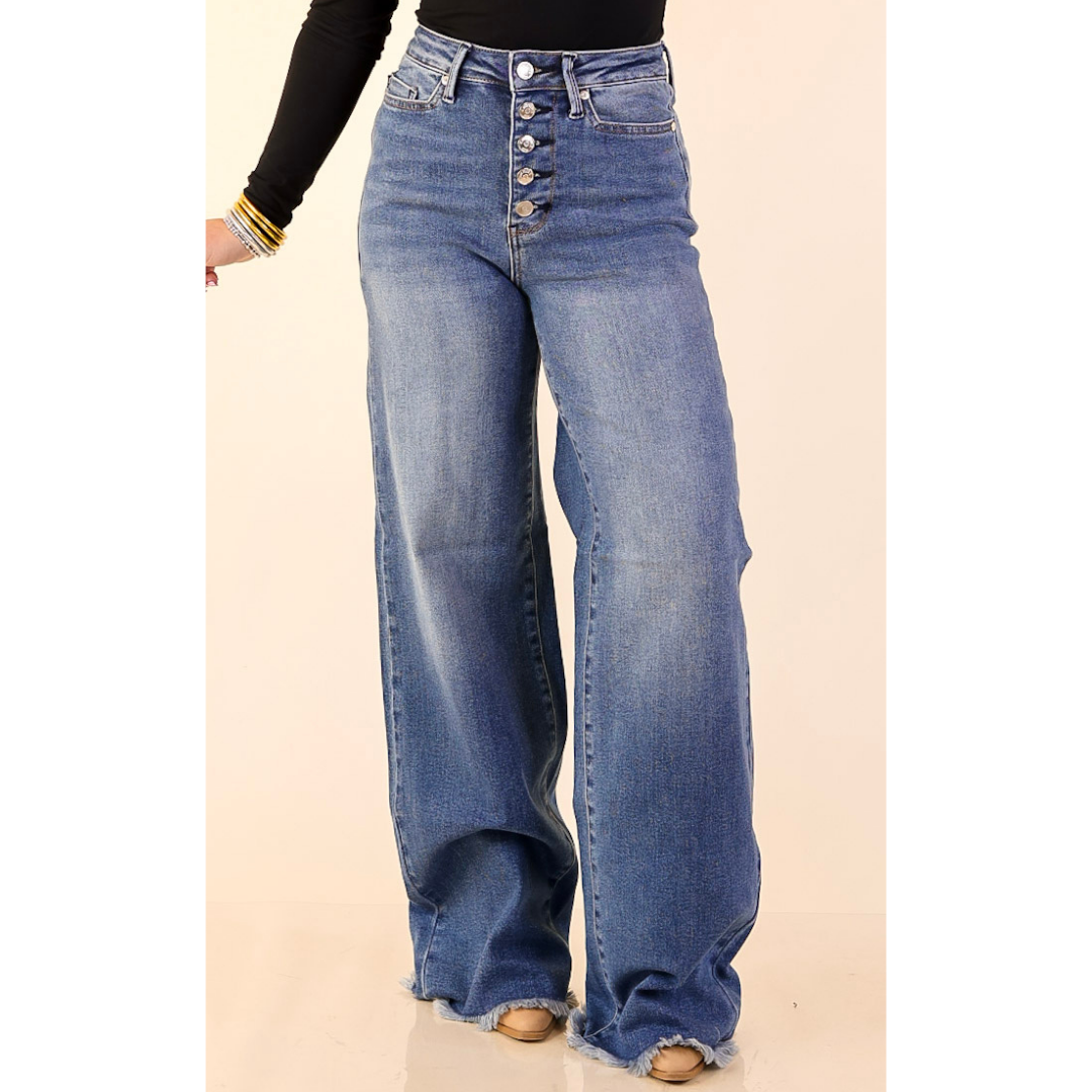 Judy Blue | Sharp Statement Straight Wide Leg Button Fly Jeans with Raw Hem in Dark Wash