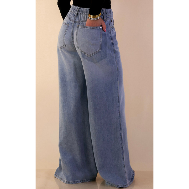 Judy Blue | Smooth Moves Wide Leg Palazzo Featherweight Elastic Waistband Jeans in Light Wash