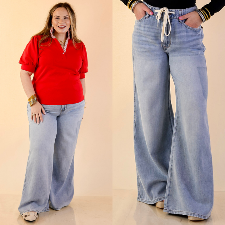 Judy Blue | Smooth Moves Wide Leg Palazzo Featherweight Elastic Waistband Jeans in Light Wash