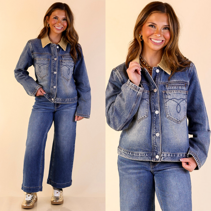 Model is wearing Judy Blue Rigid Denim Barn Jacket in Dark Wash on a plain background