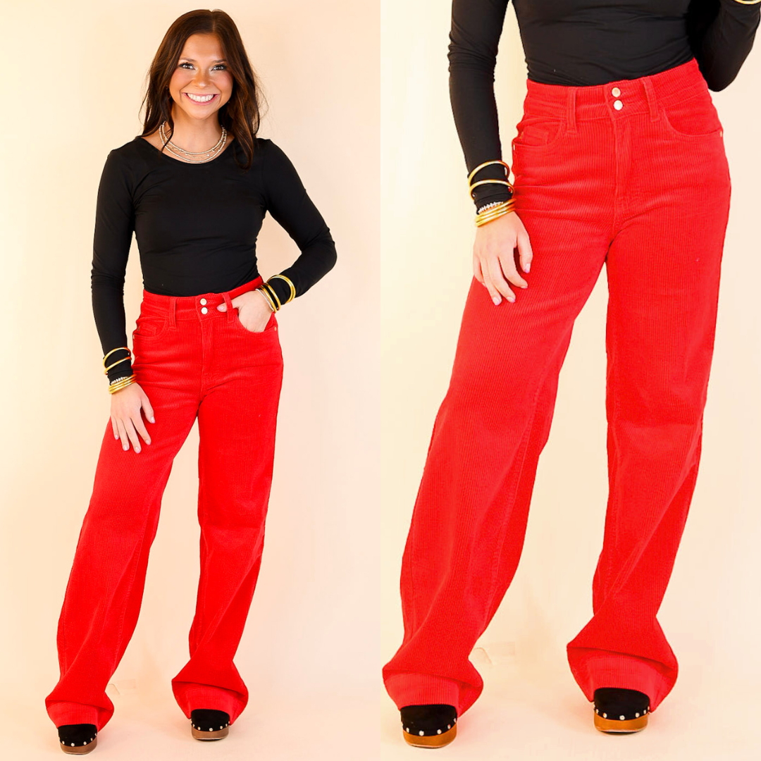 Judy Blue | Strut in Style High Waisted Wide Leg Corduroy Trouser in Ruby Red