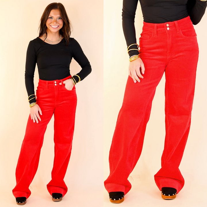Last Chance Size 0, 1, 11, 13, 15, 14W-24W | Judy Blue | Strut in Style Wide Leg Corduroy Trouser in Ruby Red