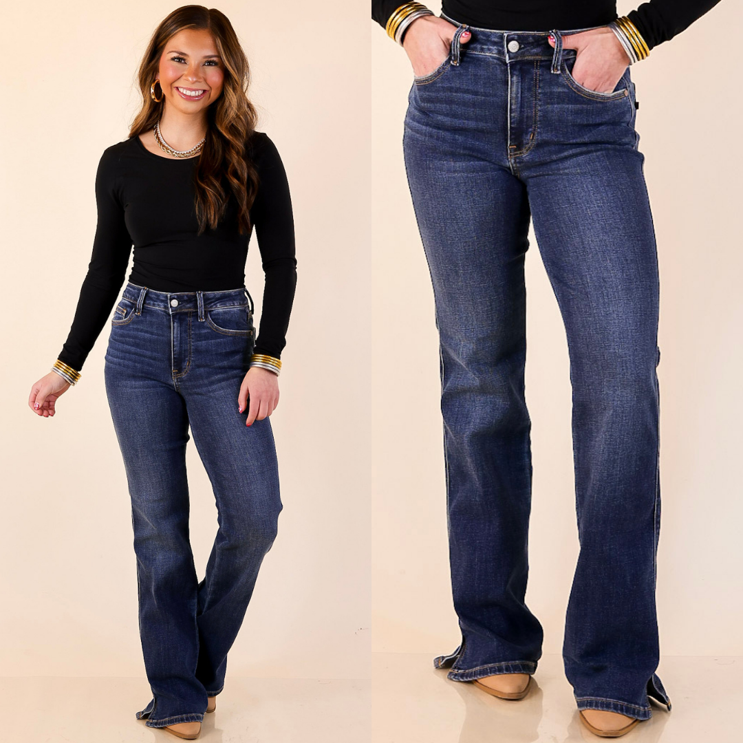 Model is wearing Boot Cut Jeans in Dark Wash with a plain background