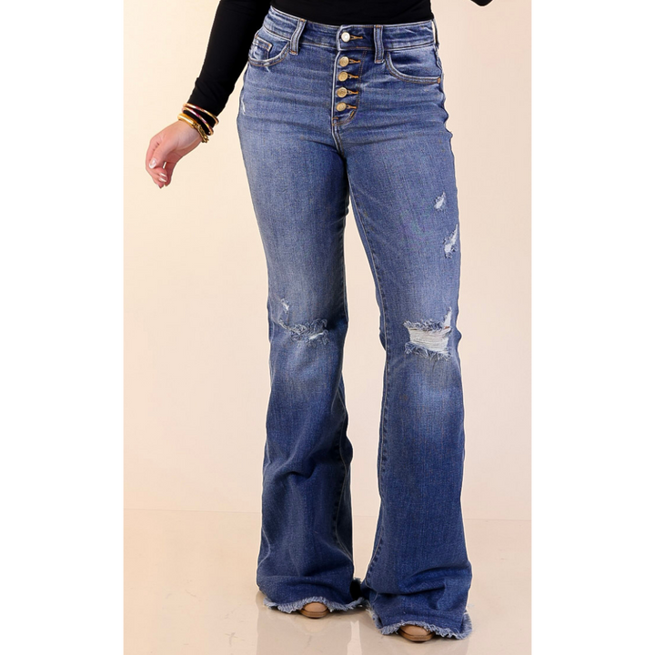 Judy Blue | The Statement Pair Button Fly Flare Jean in Medium Wash