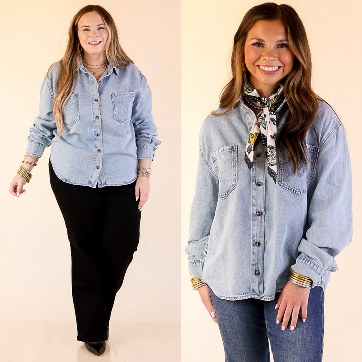 Two women wearing denim shirts with different outfits on a beige background