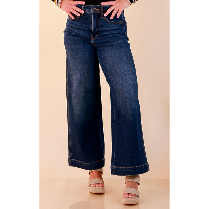 Judy Blue | Wide Open Style Ankle Length Cropped Wide Leg Tummy Control Trouser Denim Jeans in Dark Wash