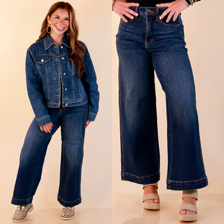 Judy Blue | Wide Open Style Ankle Length Cropped Wide Leg Tummy Control Trouser Denim Jeans in Dark Wash