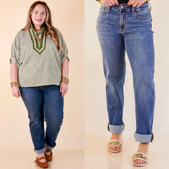 Judy Blue | Simple Sophistication Classic Cuffed Boyfriend Denim Jeans in Medium Wash