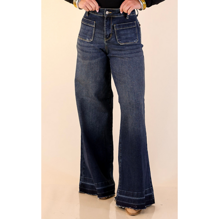 Judy Blue | Statement Maker Wide Leg Palazzo Jeans with Raw Hem and Front Patches in Dark Wash