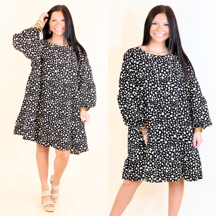 Just Like Magic Dotted Babydoll Dress with Balloon Sleeves in Black