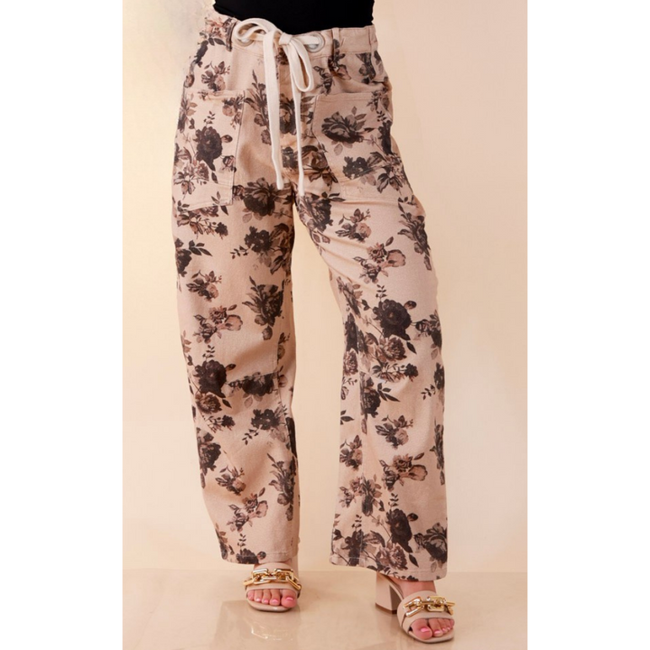 Just My Type Floral Print Wide Leg Barrel Jeans with Drawstring Waist in Beige