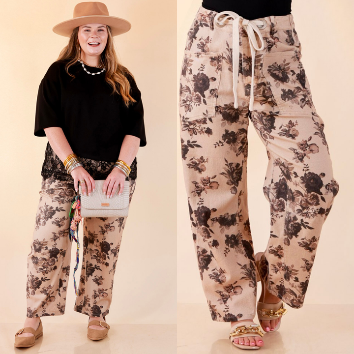 Just My Type Floral Print Wide Leg Barrel Jeans with Drawstring Waist in Beige