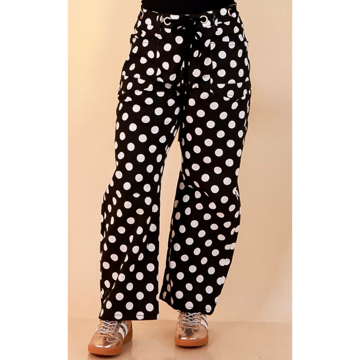 Just My Type Polka Dot Wide Leg Barrel Jeans with Drawstring Waist and Pockets in Black and White
