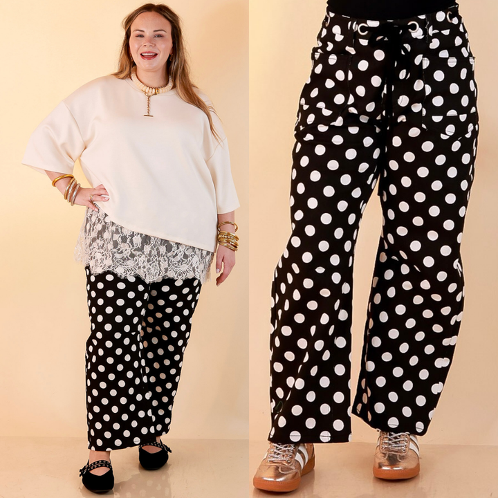 Just My Type Polka Dot Wide Leg Barrel Jeans with Drawstring Waist and Pockets in Black and White