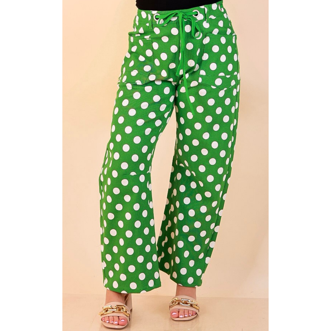Just My Type Polka Dot Wide Leg Barrel Jeans with Drawstring Waist and Pockets in Green and White