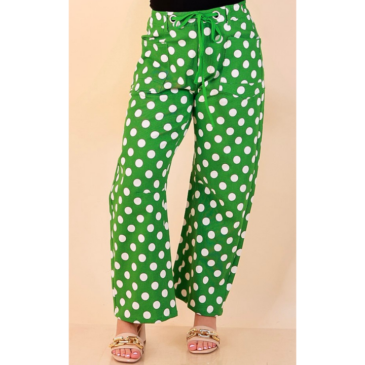 Just My Type Polka Dot Wide Leg Barrel Jeans with Drawstring Waist and Pockets in Green and White