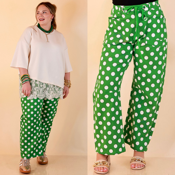Just My Type Polka Dot Wide Leg Barrel Jeans with Drawstring Waist and Pockets in Green and White