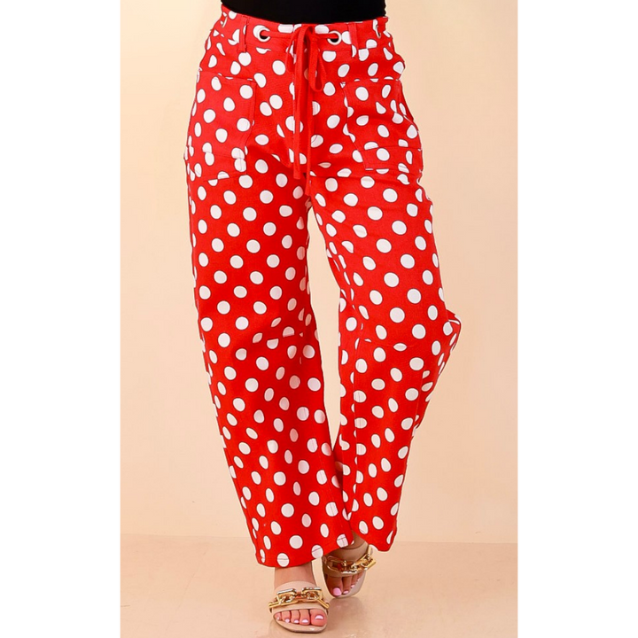 Just My Type Polka Dot Wide Leg Barrel Jeans with Drawstring Waist and Pockets in Red and White