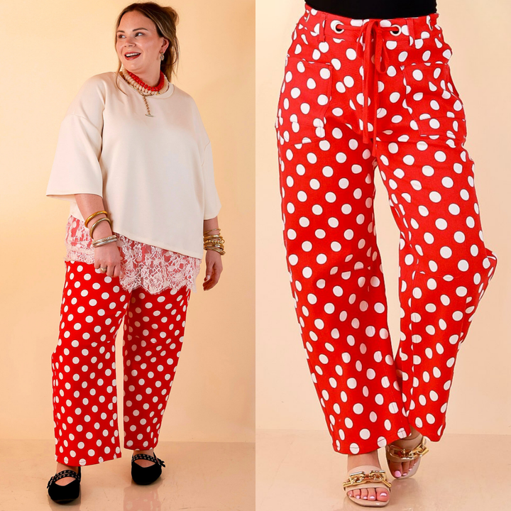 Just My Type Polka Dot Wide Leg Barrel Jeans with Drawstring Waist and Pockets in Red and White