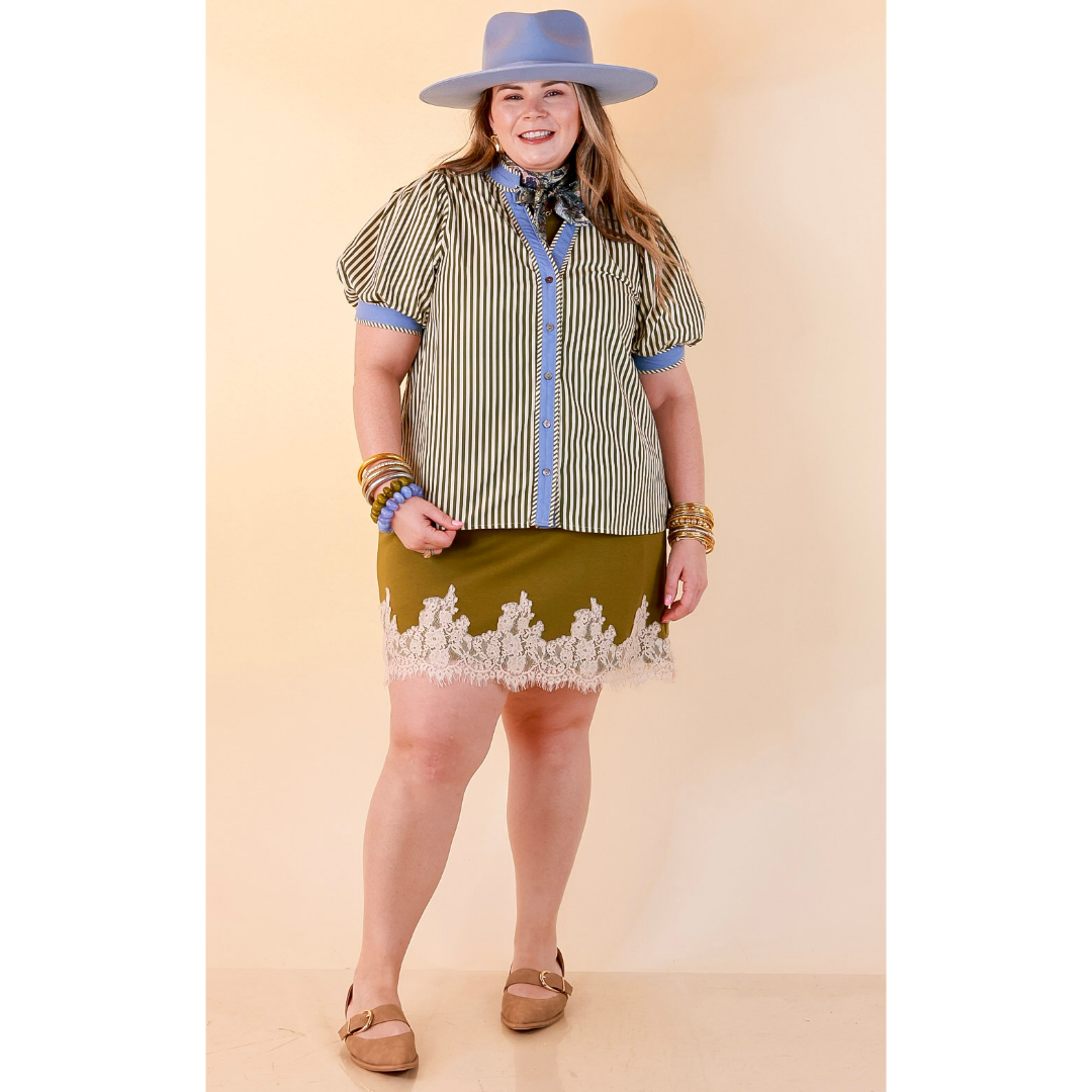 Just a Little Something Sleeveless Knit Mini Dress with Lace Trim in Chartreuse Olive Green