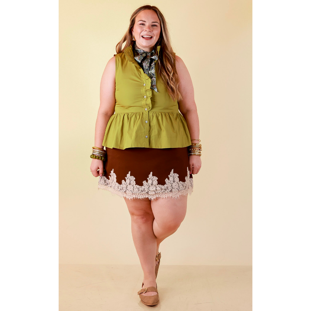 Just a Little Something Sleeveless Knit Mini Dress with Lace Trim in Chocolate Brown