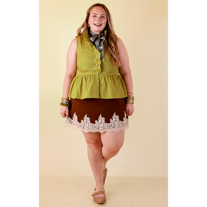 Just a Little Something Sleeveless Knit Mini Dress with Lace Trim in Chocolate Brown