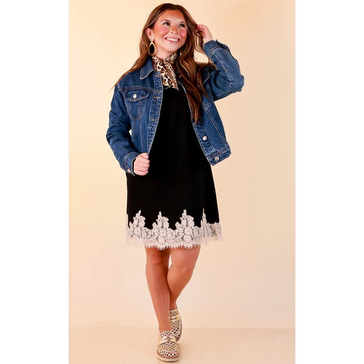 Just a Little Something Sleeveless Knit Mini Dress with Lace Trim in Black