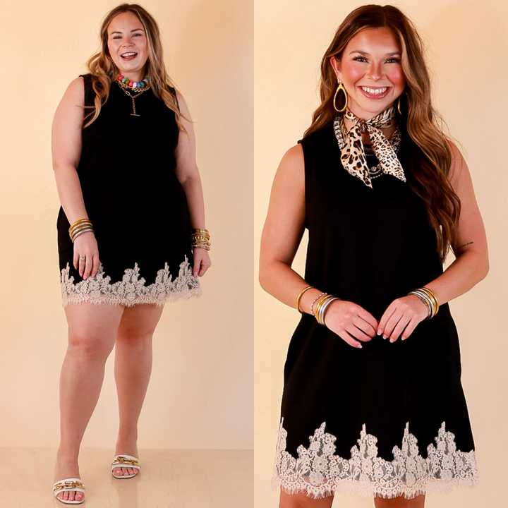 Just a Little Something Sleeveless Knit Mini Dress with Lace Trim in Black