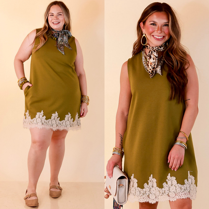 Just a Little Something Sleeveless Knit Mini Dress with Lace Trim in Chartreuse Olive Green