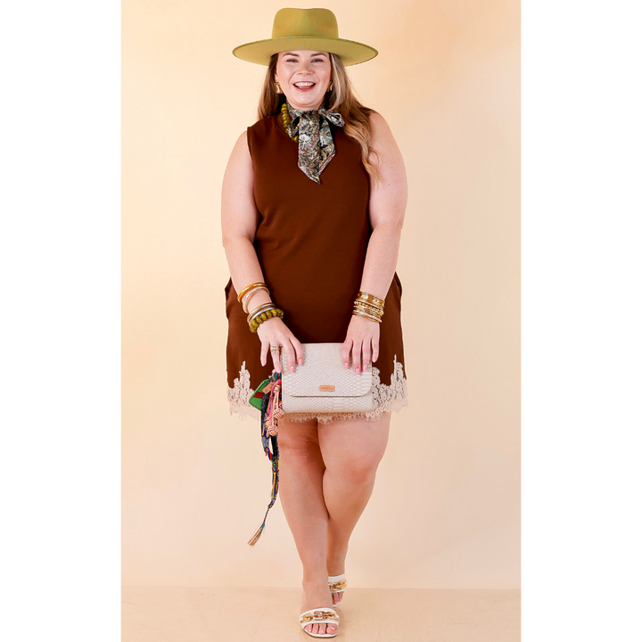 Just a Little Something Sleeveless Knit Mini Dress with Lace Trim in Chocolate Brown