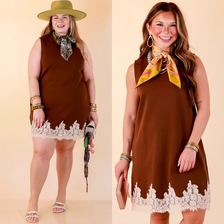Just a Little Something Sleeveless Knit Mini Dress with Lace Trim in Chocolate Brown