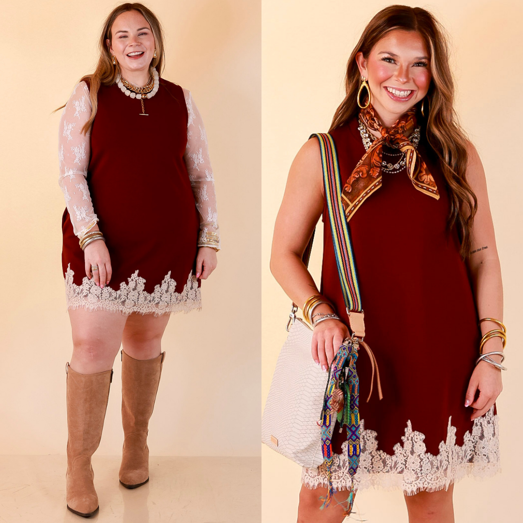 Just a Little Something Sleeveless Knit Mini Dress with Lace Trim in Maroon