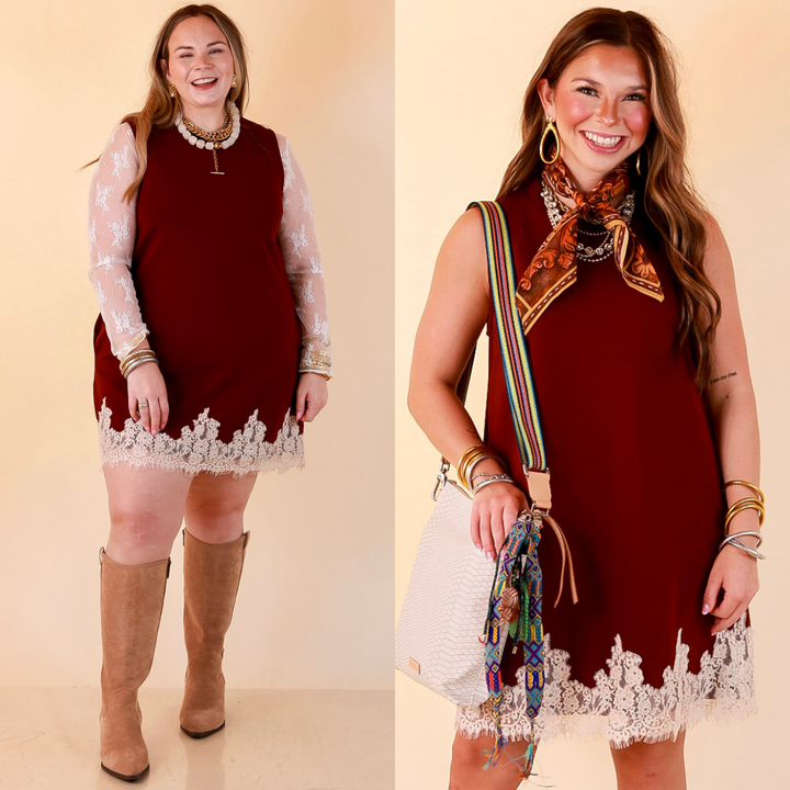 Just a Little Something Sleeveless Knit Mini Dress with Lace Trim in Maroon