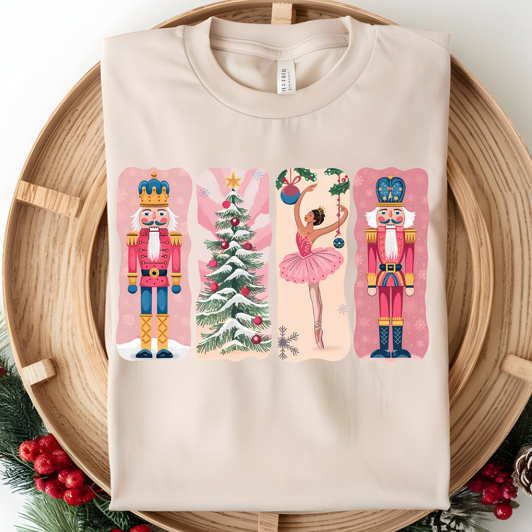 Beige sweatshirt with Christmas-themed design on a wooden plate with decorative elements
