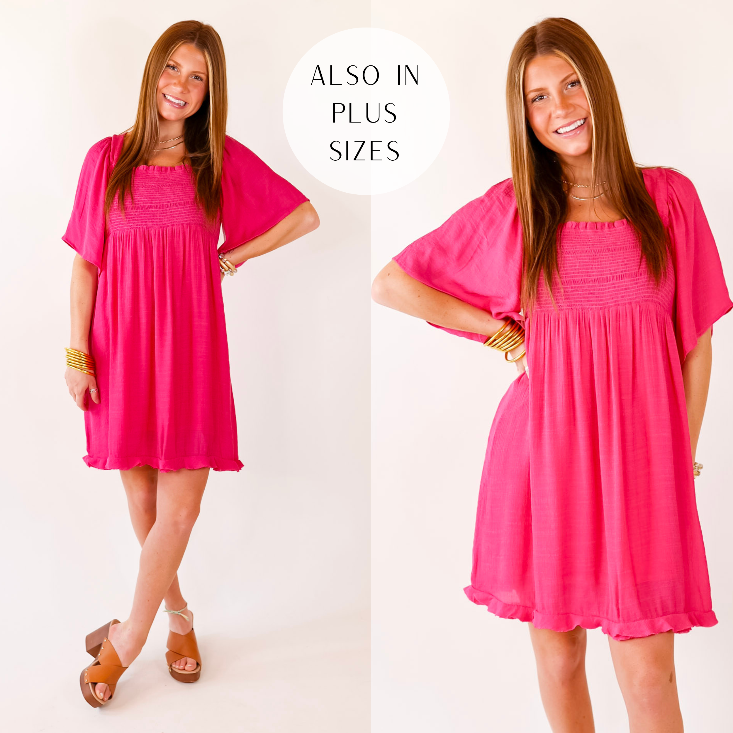 Model is wearing a short pink dress featuring puffed sleeves, smocked bodice, flowy skirt, and ruffled hem.