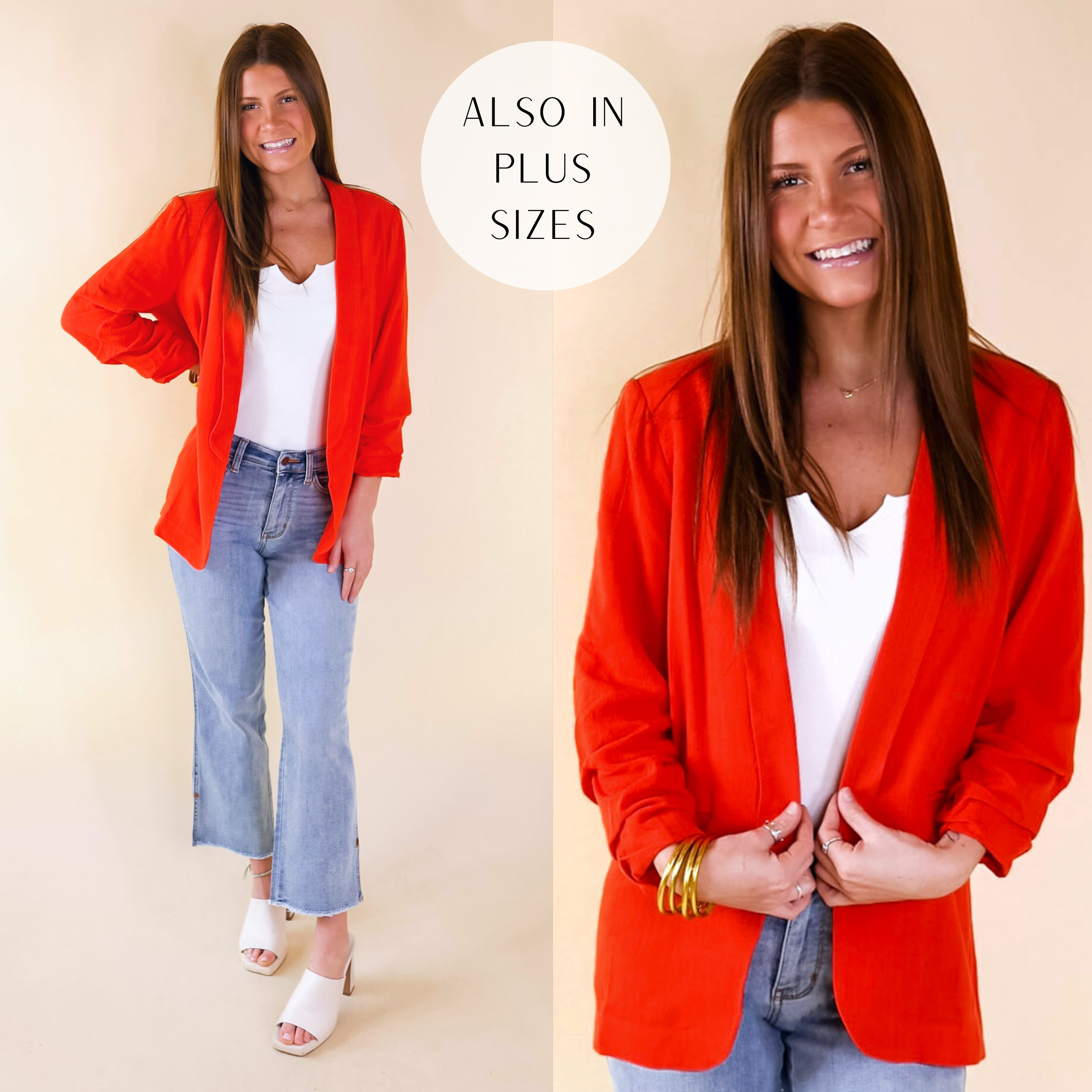 Model is wearing an open front linen blazer with a collared neckline and 3/4 sleeves.